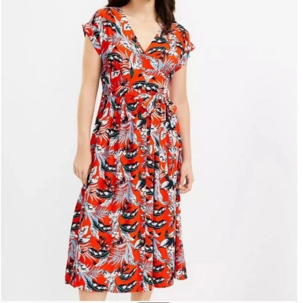 LOFT Women's Red Tropical‎ Print V-Neck Midi Dress with Tie Size 12